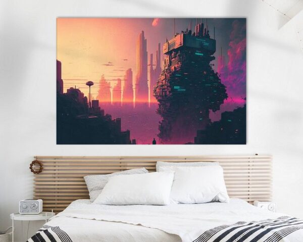 Sonnenaufgang in futuristischer Stadt, Vaporwave, Retro-Futurismus von Hive Arts Studio auf Leinwand, Poster, Tapete und mehr Eindruck -321496359952302175