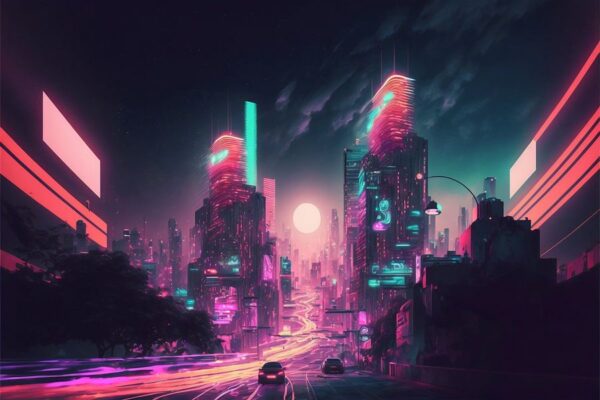 Timelapse in een nachtelijke stad, vaporwave, retro-futurisme