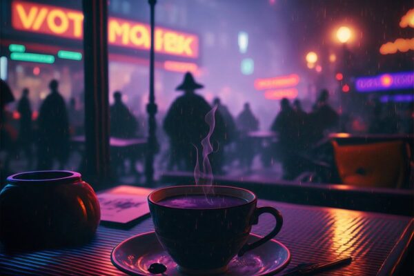 Koffie in de regen in vaporwave stijl door Hive Arts Studio op canvas, poster, behang en meer impressie 2a7499711546