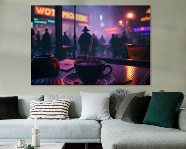 Koffie in de regen in vaporwave stijl door Hive Arts Studio op canvas, poster, behang en meer impressie c875c820bb3f