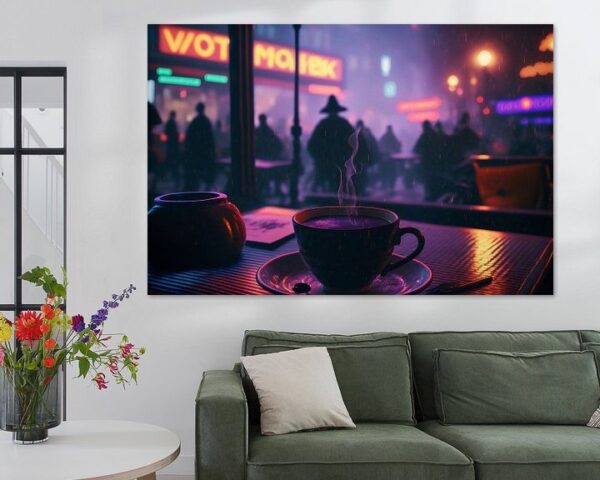 Koffie in de regen in vaporwave stijl door Hive Arts Studio op canvas, poster, behang en meer impressie 3d0d65a59c2d