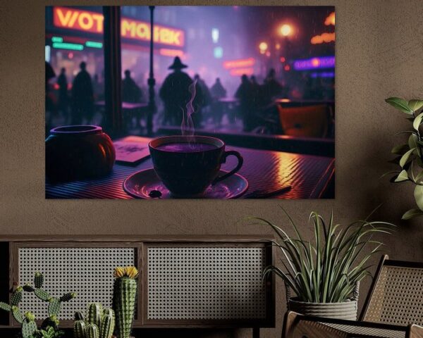 Koffie in de regen in vaporwave stijl door Hive Arts Studio op canvas, poster, behang en meer impressie 9b555125afcd
