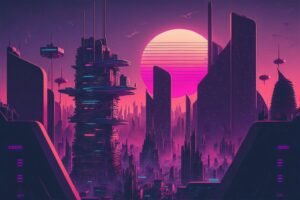 Retro Futuristic City by Hive Arts Studio on canvas, poster, wallpaper and more impression e494424081a0