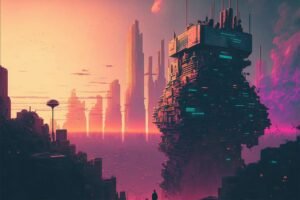 Sunrise in futuristic city, vaporwave, retro-futurism by Hive Arts Studio on canvas, poster, wallpaper and more impression c22a5c9c452c