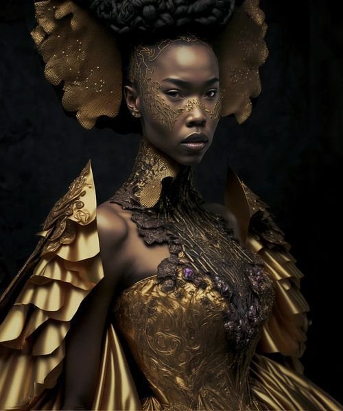 Fashion and avant-garde wall art: a woman in an intricate golden-black wedding dress, by Hive Arts Studio
