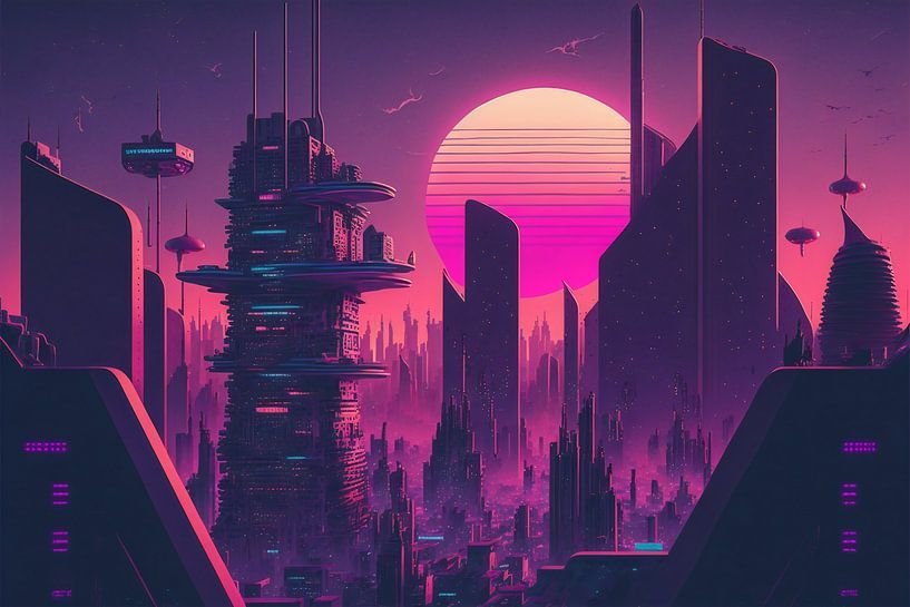 Sci-fi wall art: a neon retro-futuristic cityscape in pink and blue, by Hive Arts Studio
