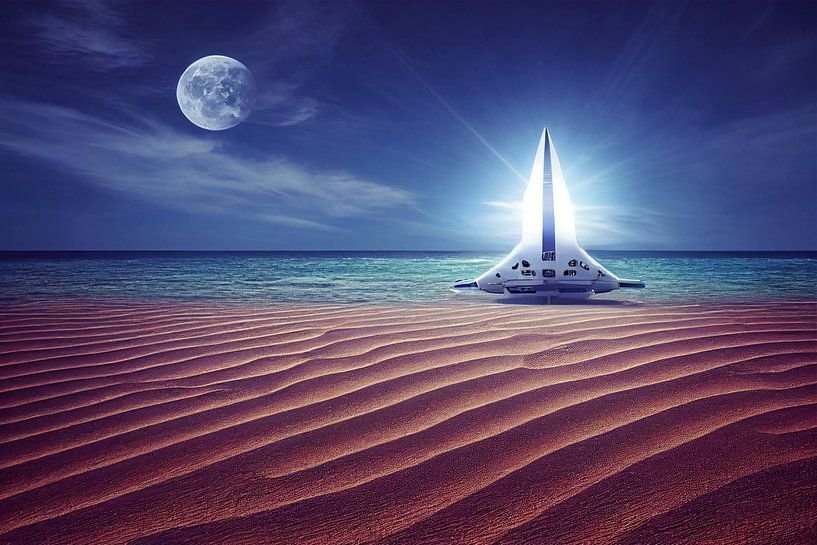 Space wall art: a futuristic space yacht on the red sands of a planet under a blue moon, by Hive Arts Studio