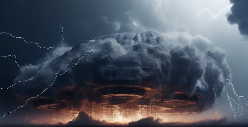 Eerie sci-fi wall art: an imposing entity amid storm clouds and lightning, by Hive Arts Studio